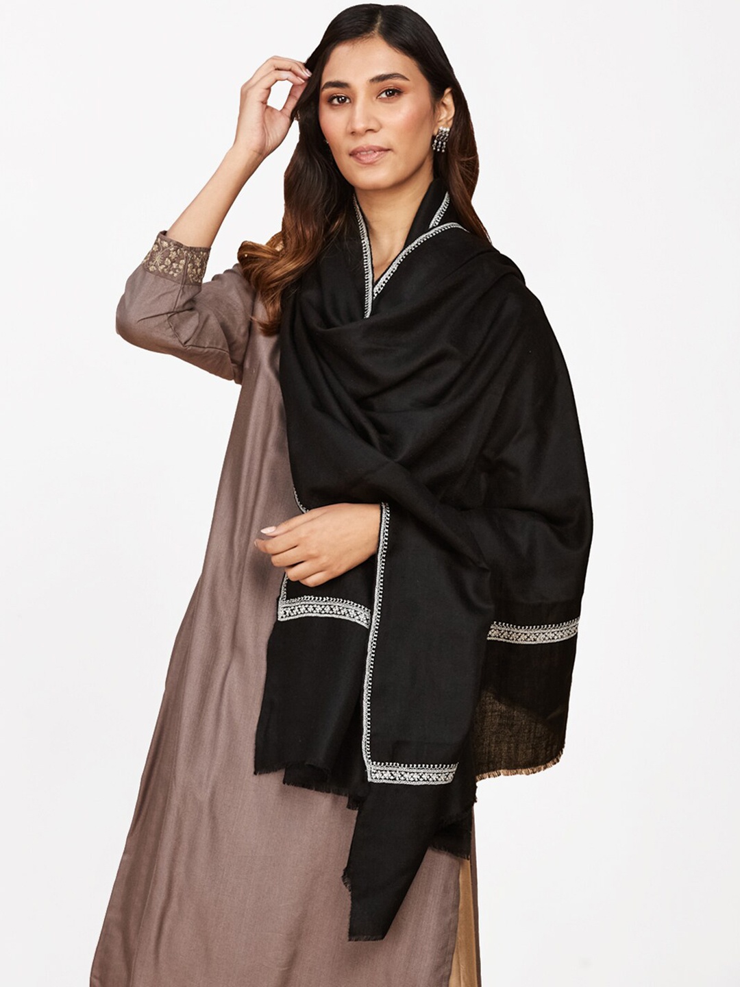 

Fabindia Women Embroidered Woven Design Wool Shawl, Black