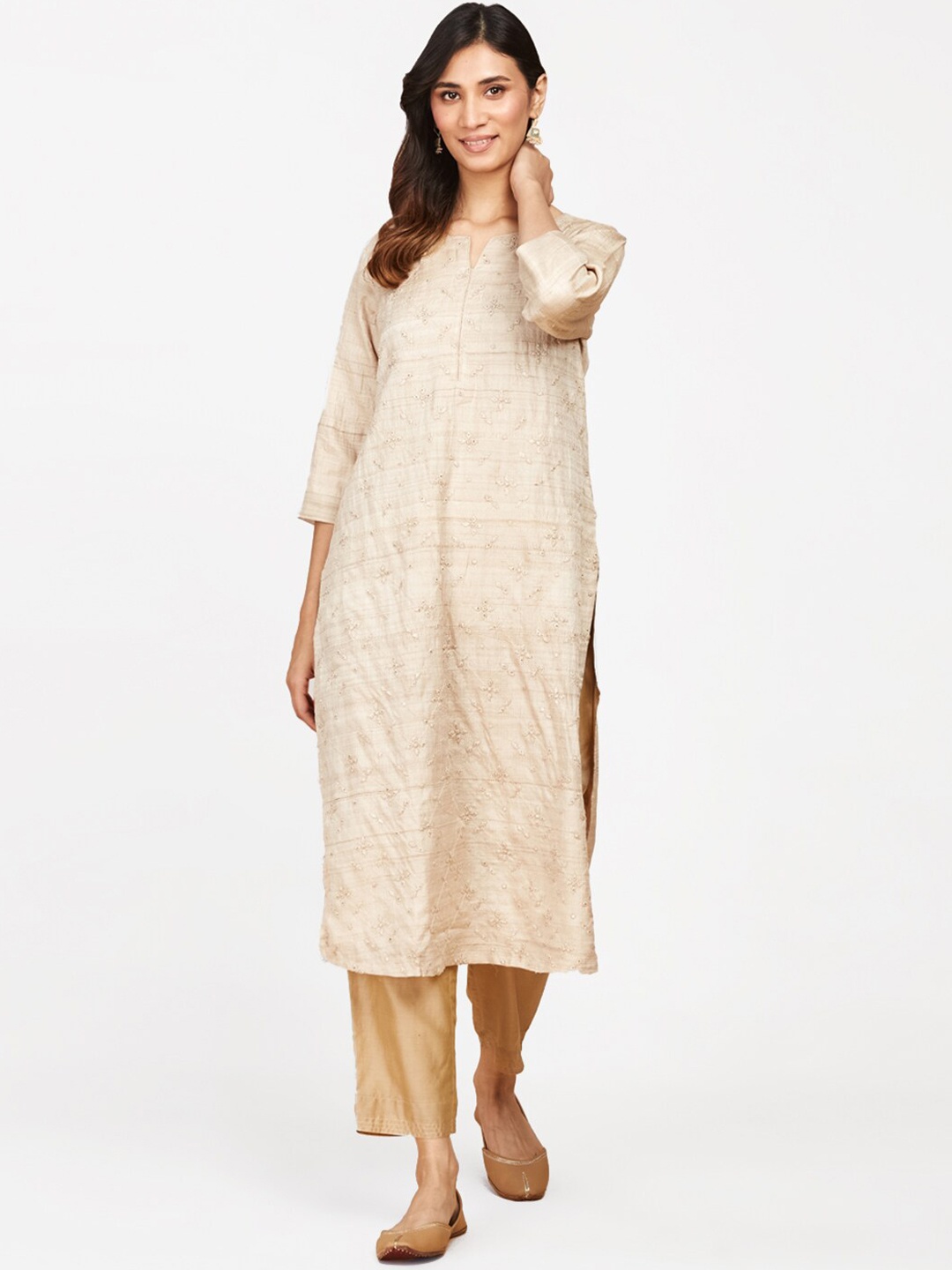 

Fabindia Ethnic Motif Embroidered Notched Neck Pure Silk Kurta, Beige