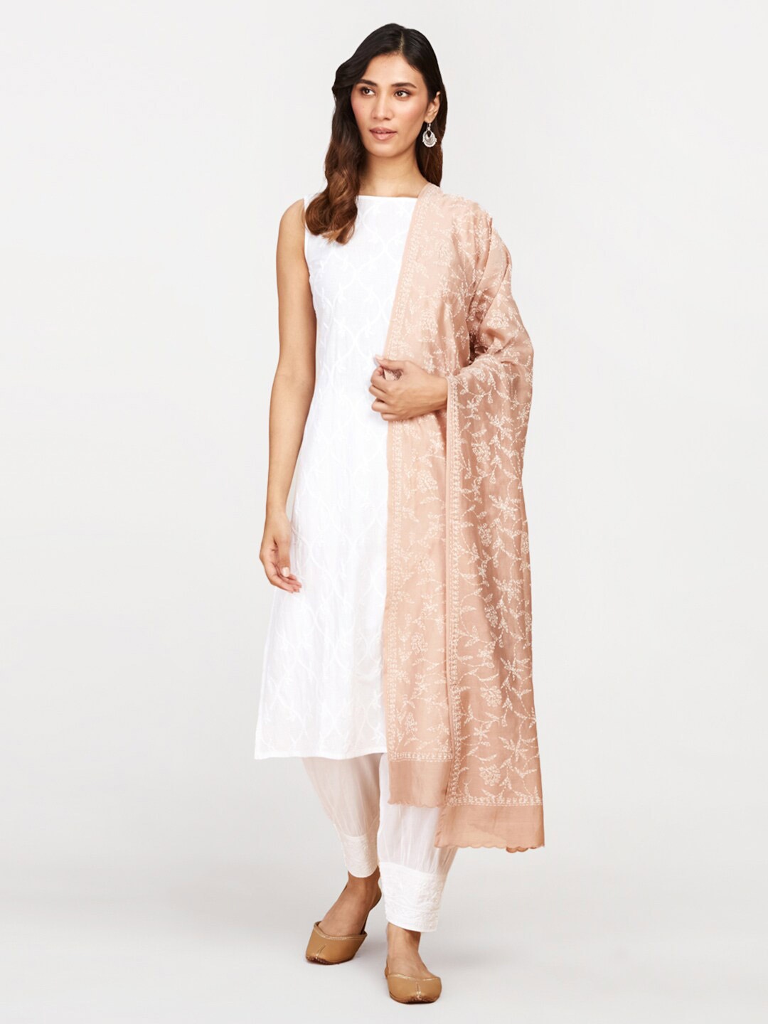 

Fabindia Ethnic Motifs Sequinned Embroidered Cotton Silk Dupatta, Beige