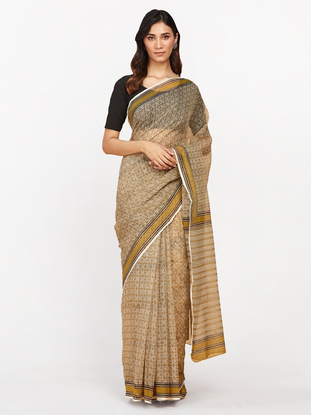 

Fabindia Printed Silk Cotton Bagru Saree, Beige