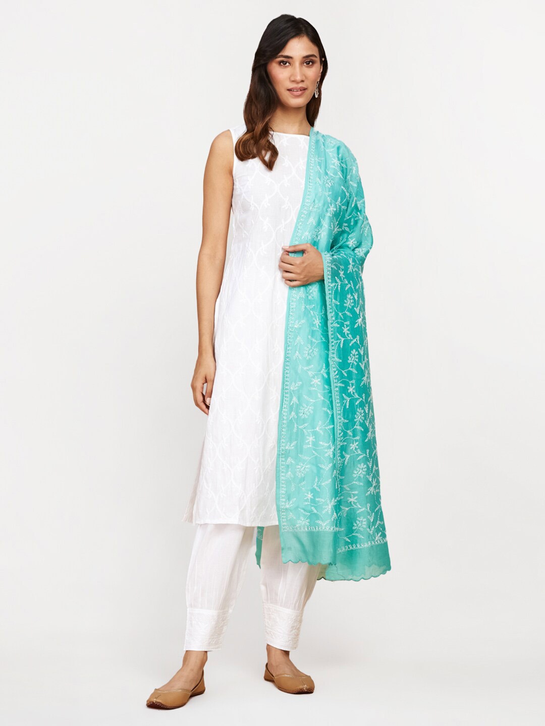 

Fabindia Blue Ethnic Motifs Embroidered Cotton Silk Chikankari Dupatta
