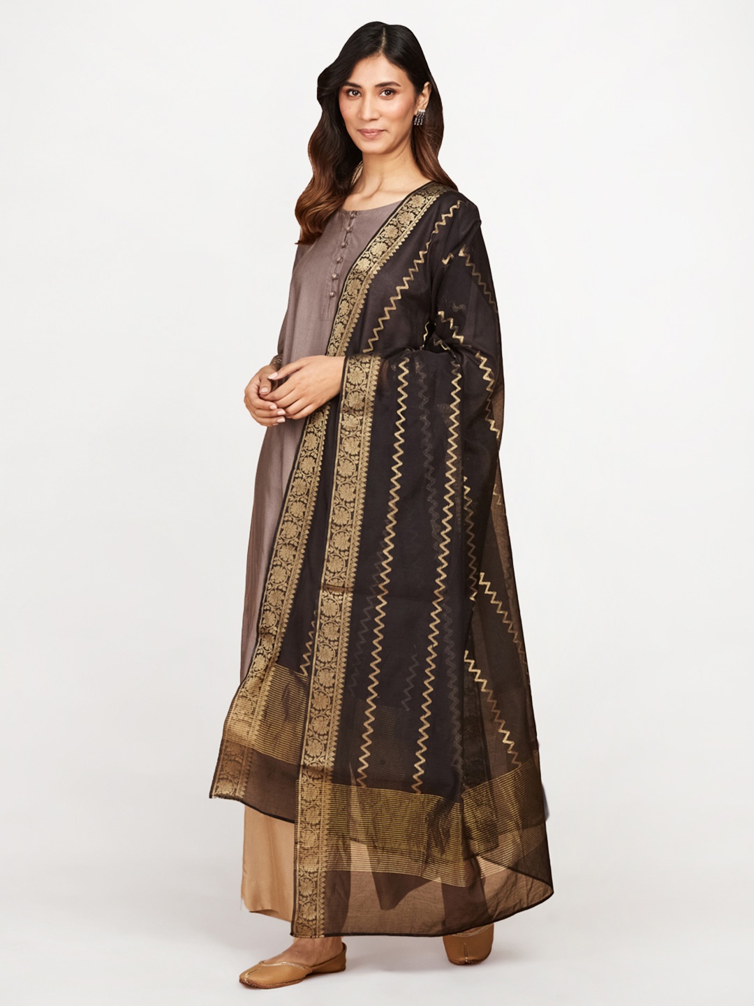 

Fabindia Geometric Woven Design Cotton Silk Dupatta With Zari, Black