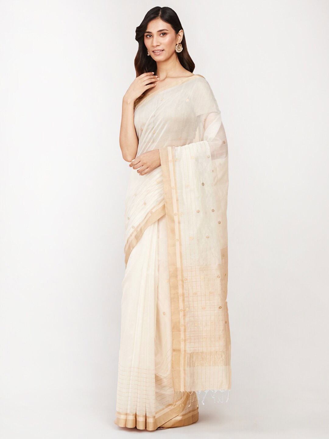 

Fabindia Floral Woven Design Silk Cotton Chanderi Saree, Beige