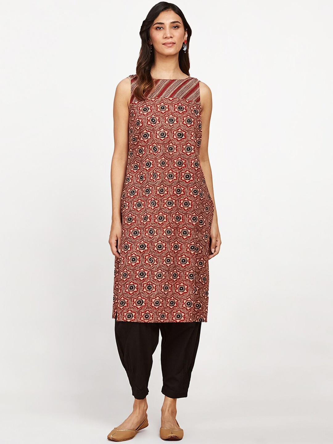 

Fabindia Ethnic Motif Printed Boat Neck Pure Cotton Kurta, Brown