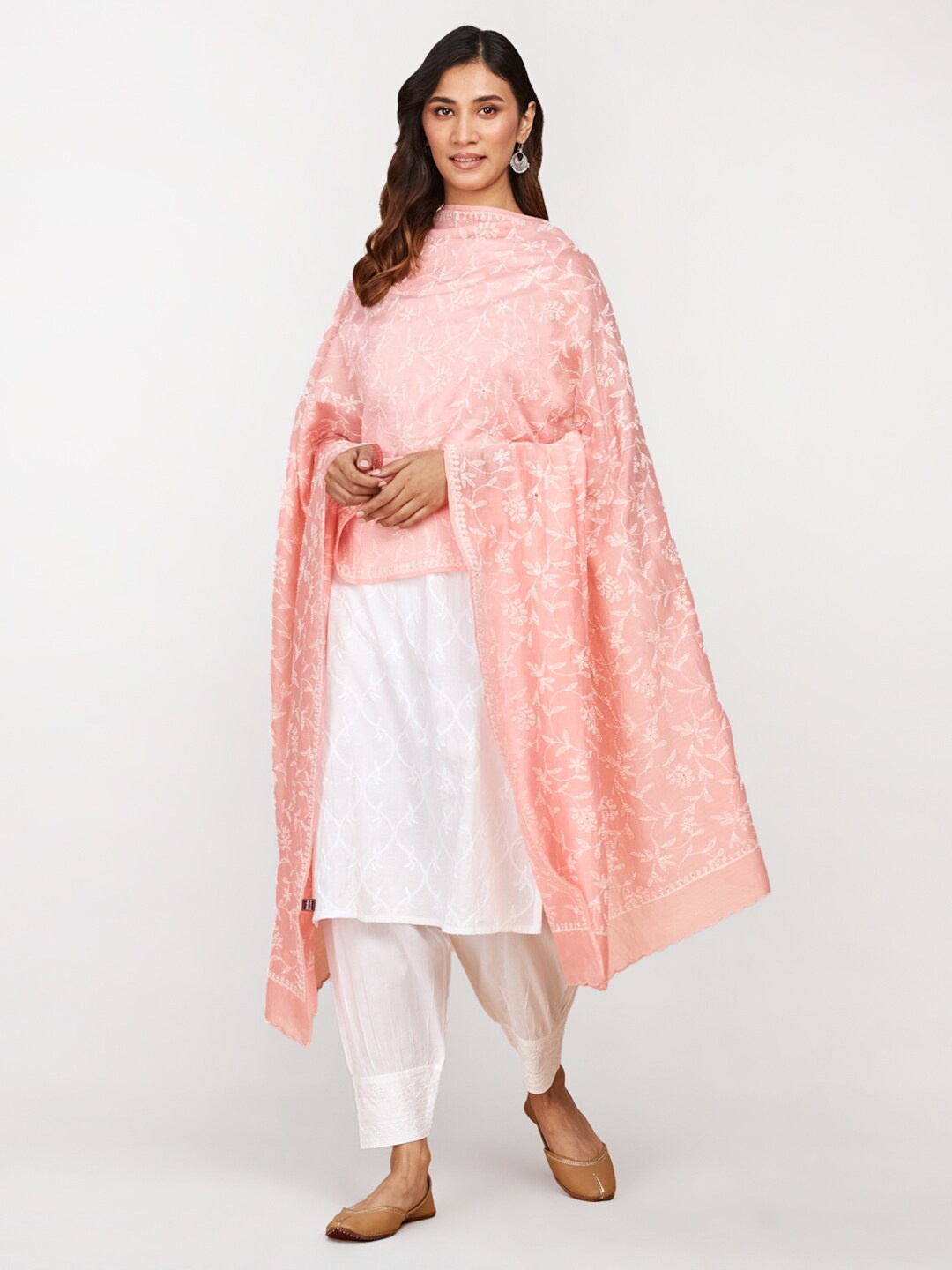 

Fabindia Ethnic Motifs Embroidered Chikankari Cotton Silk Dupatta, Pink
