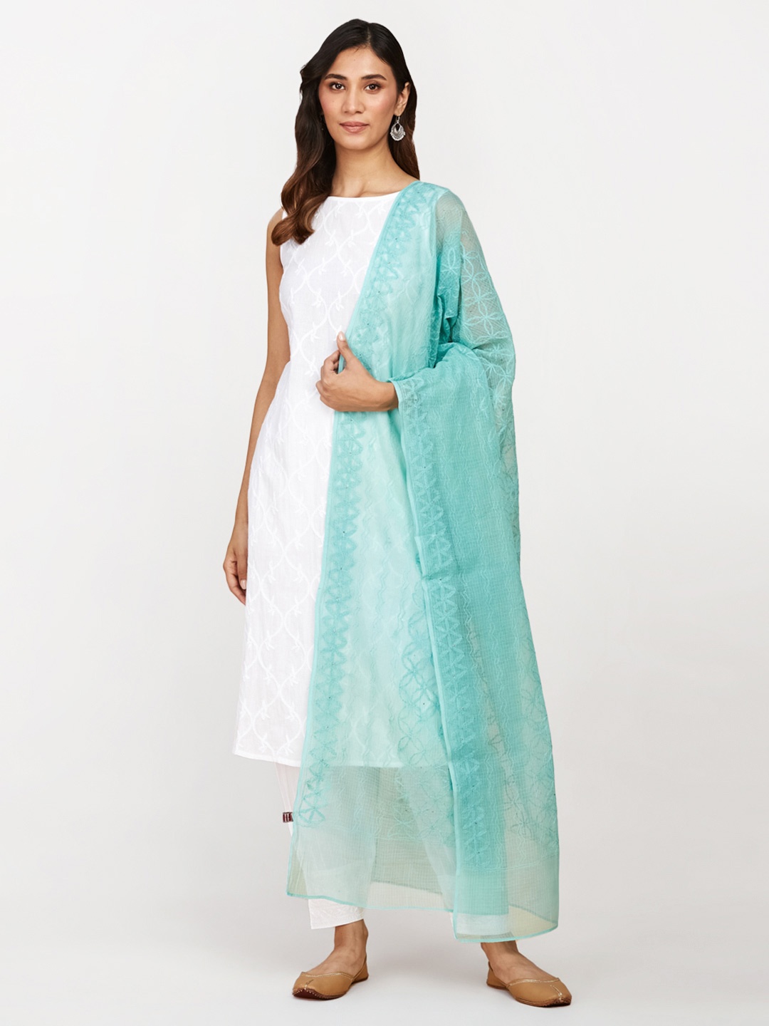 

Fabindia Ethnic Motifs Chikankari Embroidered Cotton Silk Dupatta, Sea green