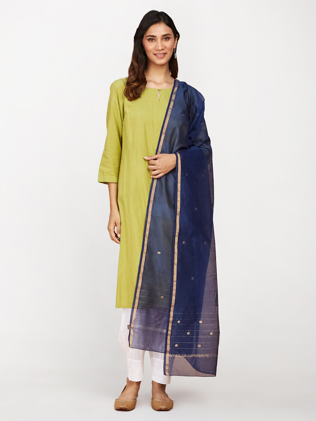 

Fabindia Woven Design Zari Cotton Silk Chanderi Dupatta, Navy blue