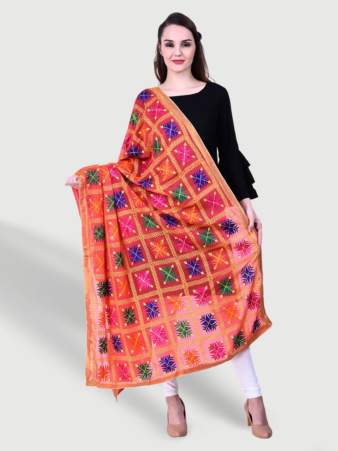 

SWI Stylish Phulkari Embroidered Dupatta, Pink