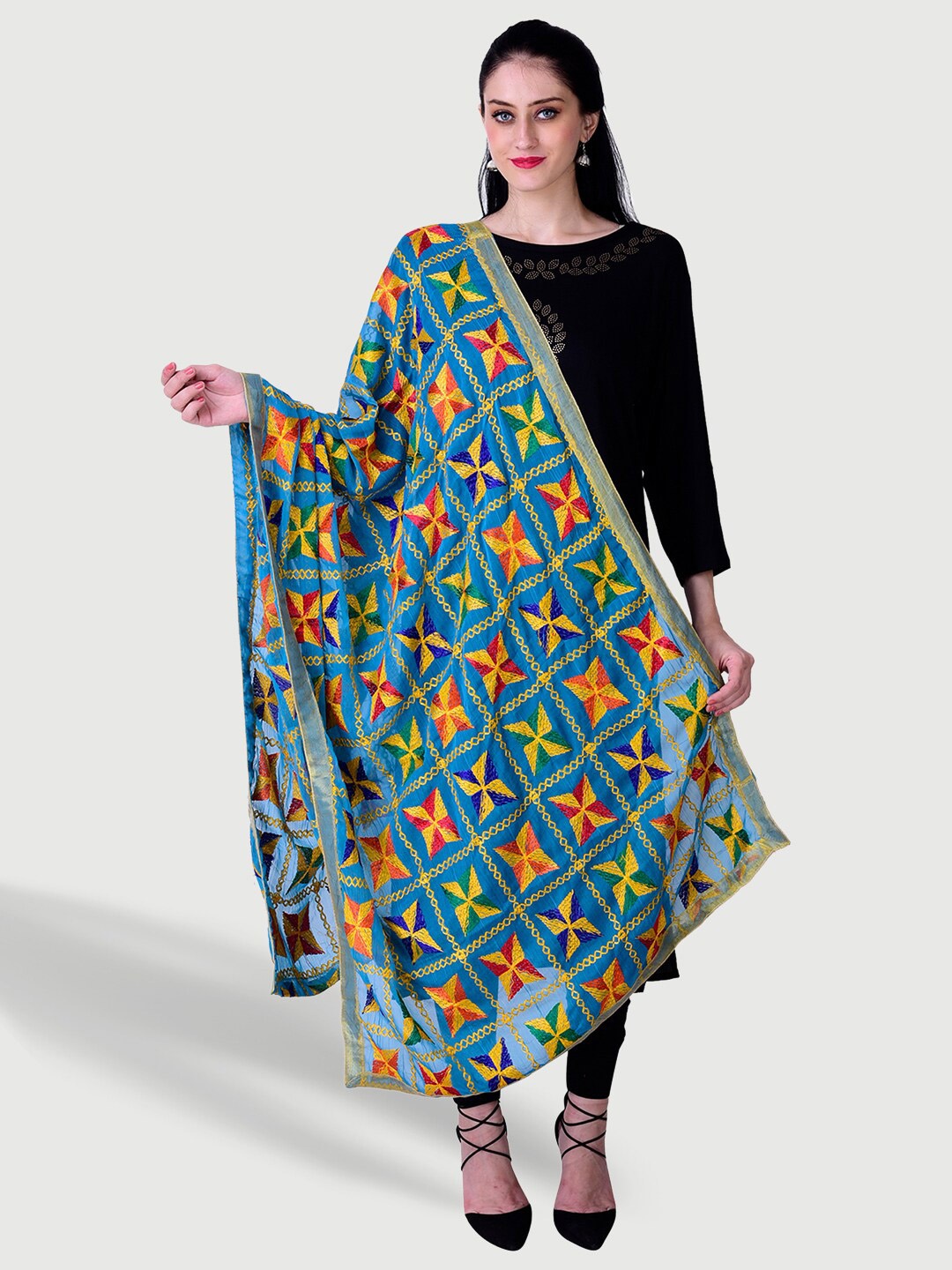 

SWI Stylish Phulkari Embroidered Dupatta, Turquoise blue