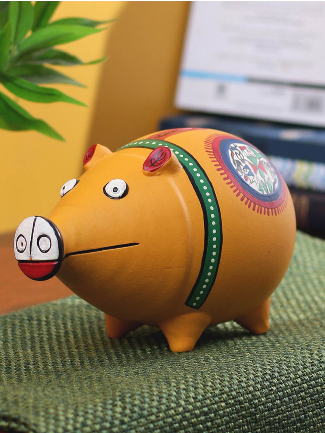 

VarEesha Yellow Handcrafted Terracotta Pig Coin Bank