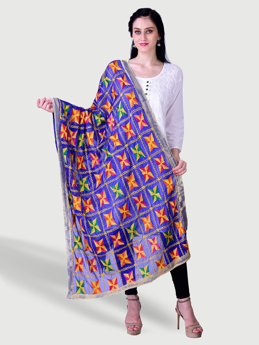 

SWI Stylish Phulkari Embroidered Dupatta, Blue