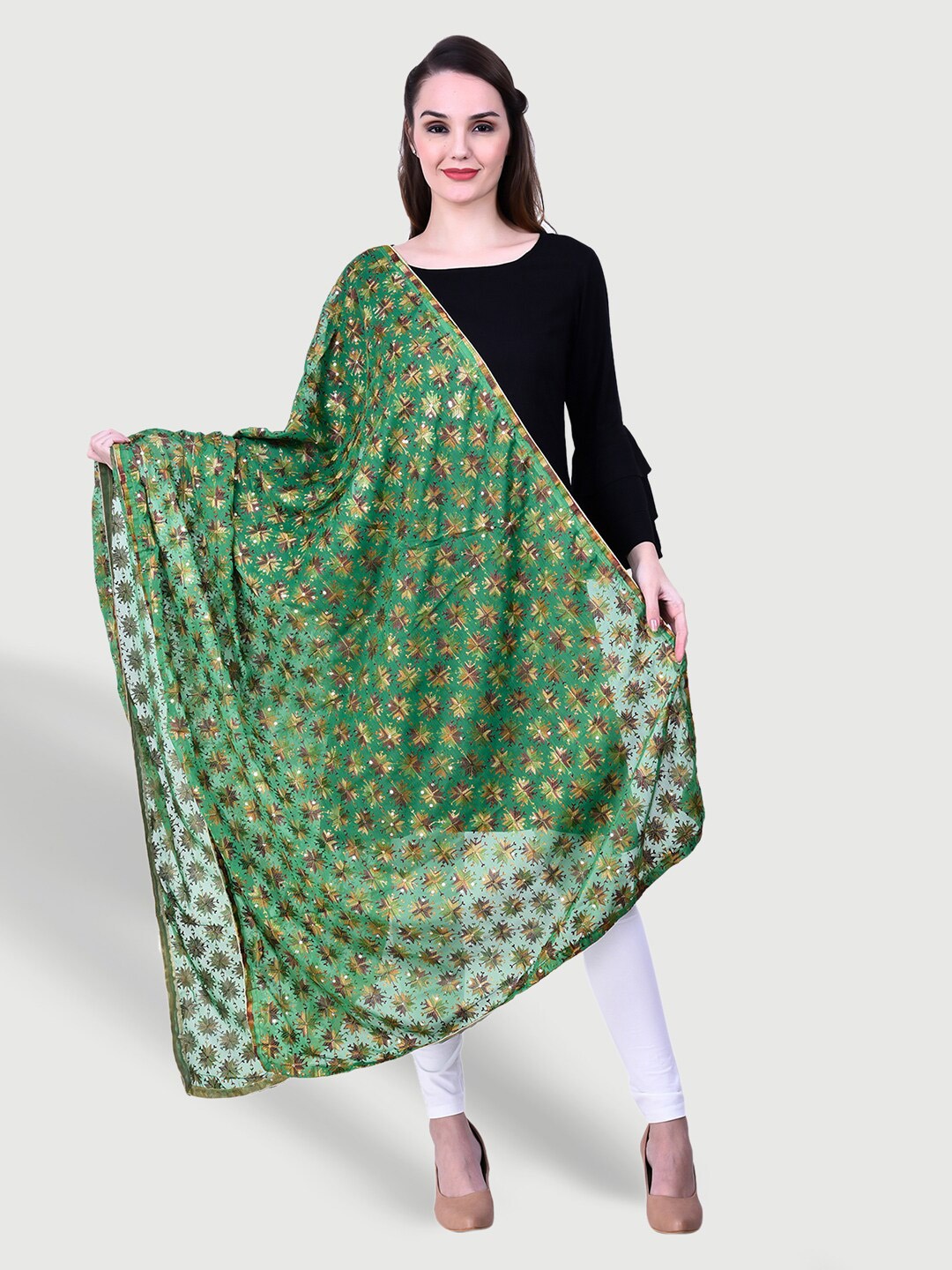 

SWI Stylish Phulkari Embroidered Dupatta, Green