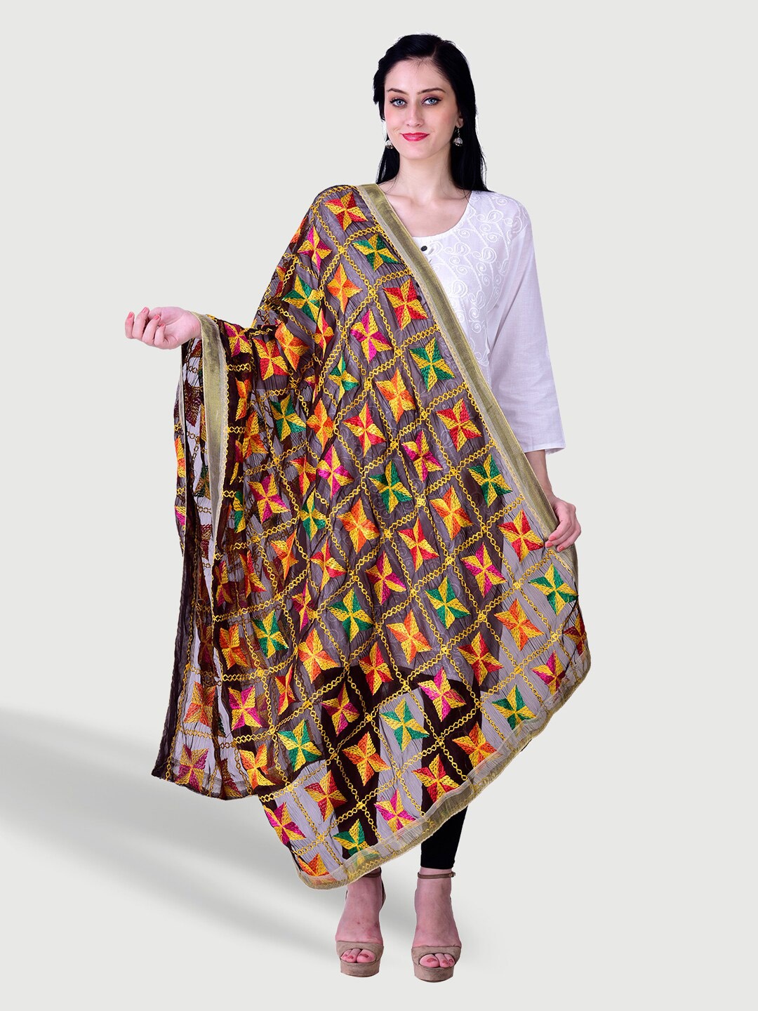 

SWI Stylish Phulkari Embroidered Dupatta, Coffee brown