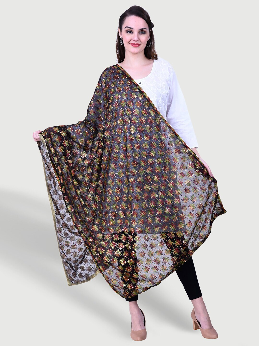 

SWI Stylish Phulkari Embroidered Dupatta, Black