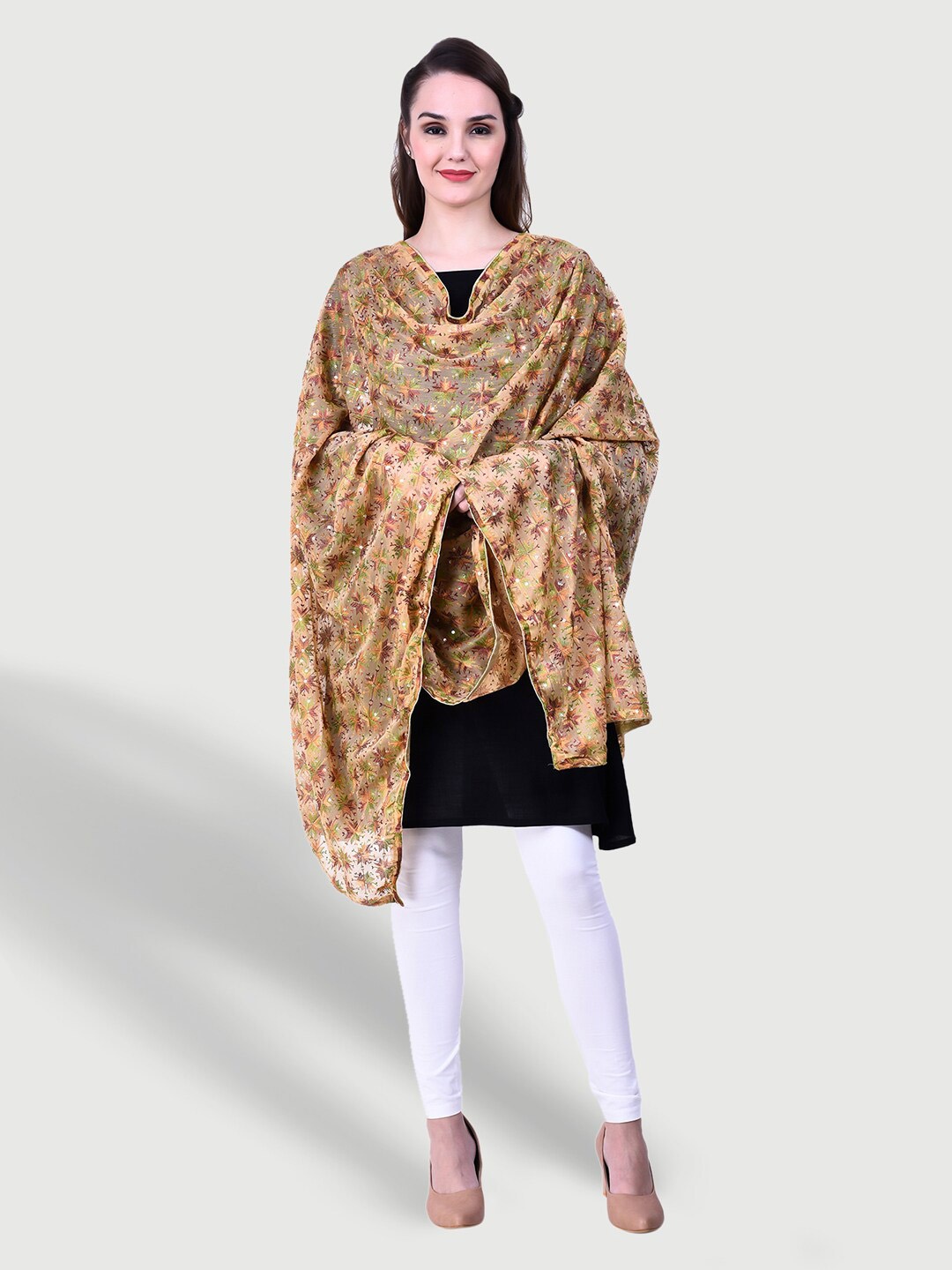 

SWI Stylish Phulkari Embroidered Dupatta, Beige