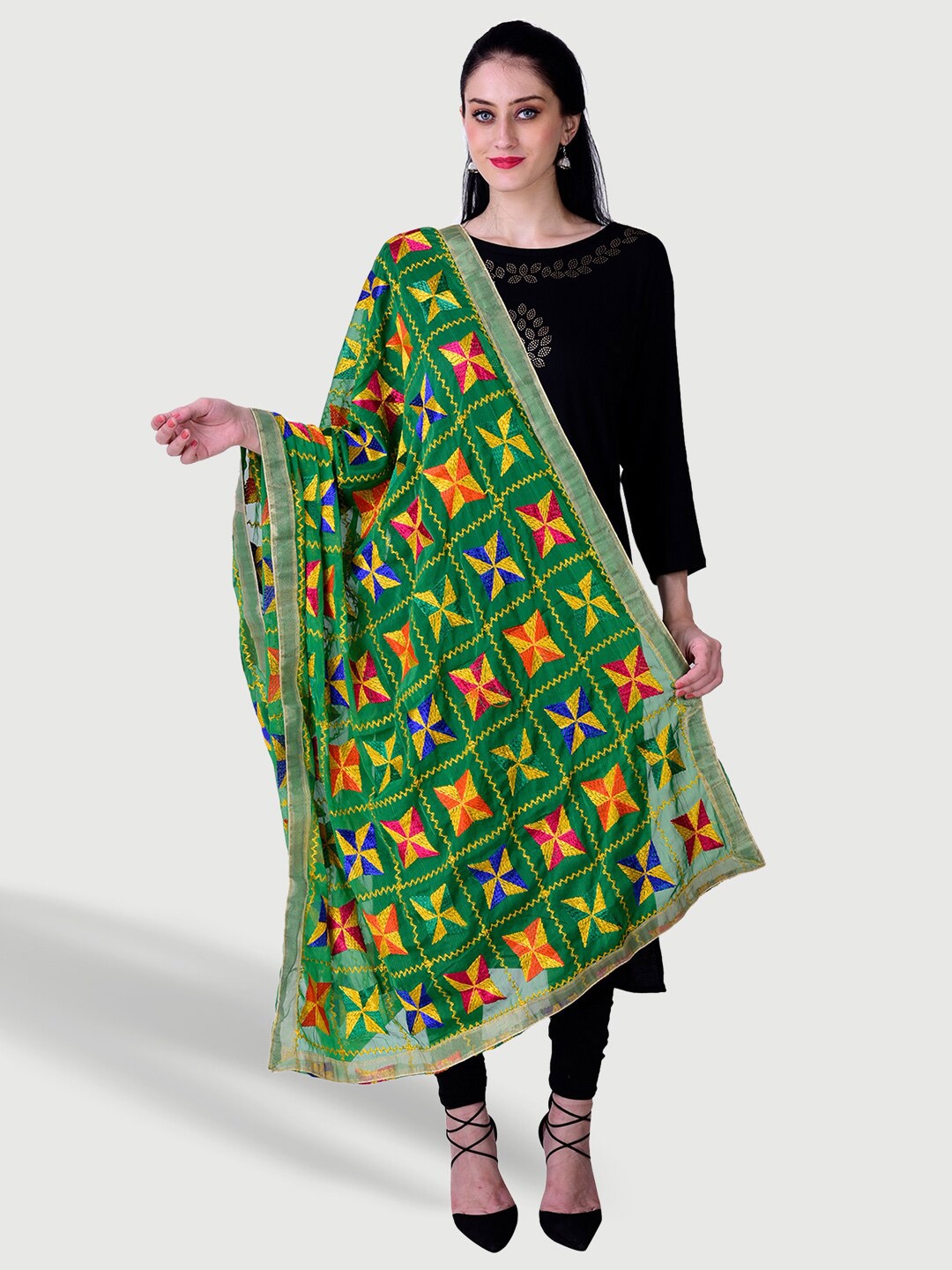 

SWI Stylish Phulkari Embroidered Dupatta, Green