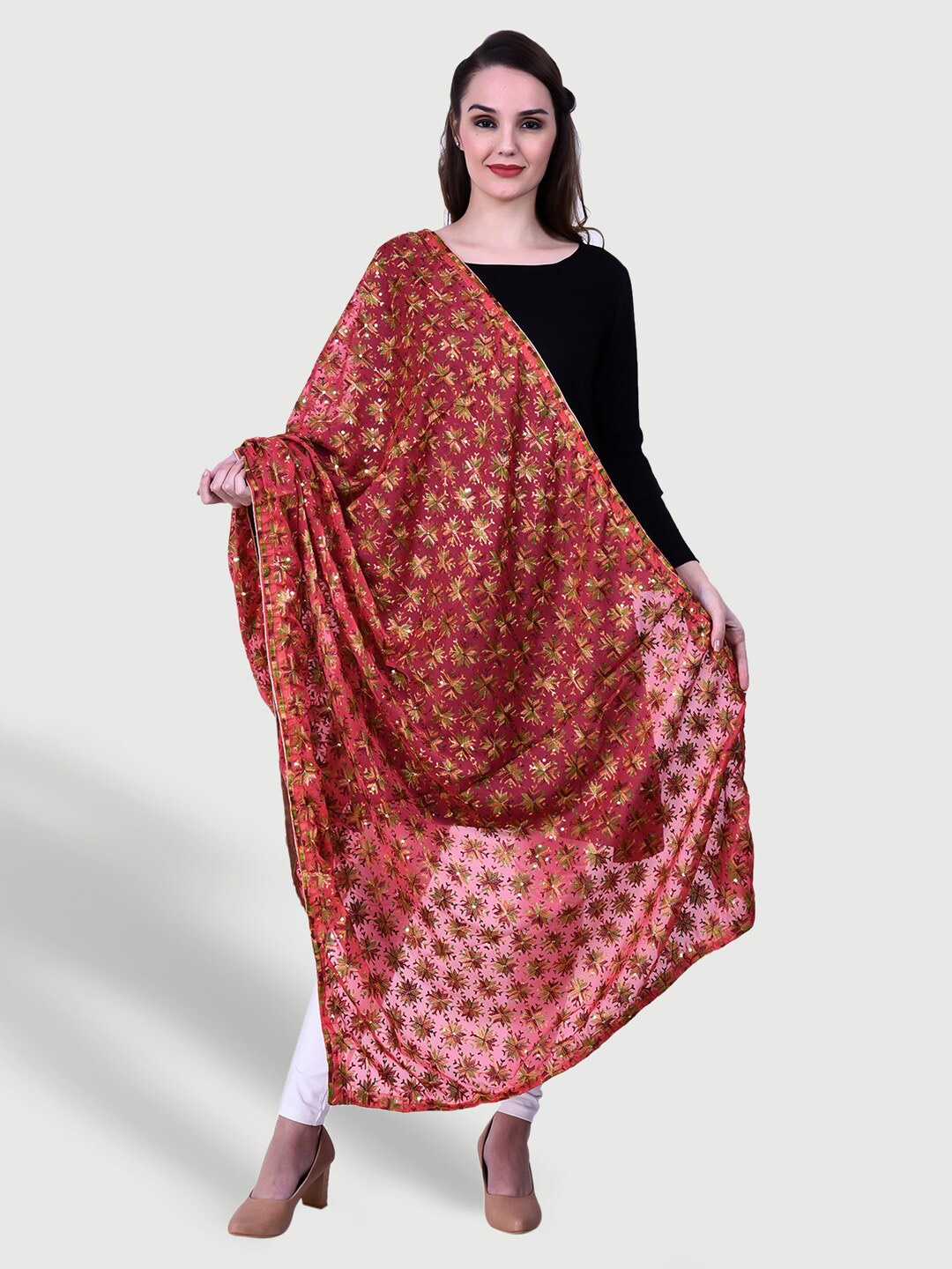 

SWI Stylish Phulkari Embroidered Dupatta, Maroon