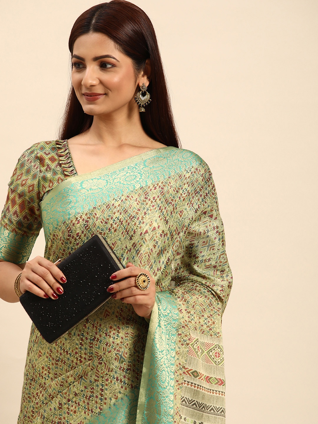 

Mitera Ethnic Motifs Silk Cotton Kanjeevaram Saree, Green