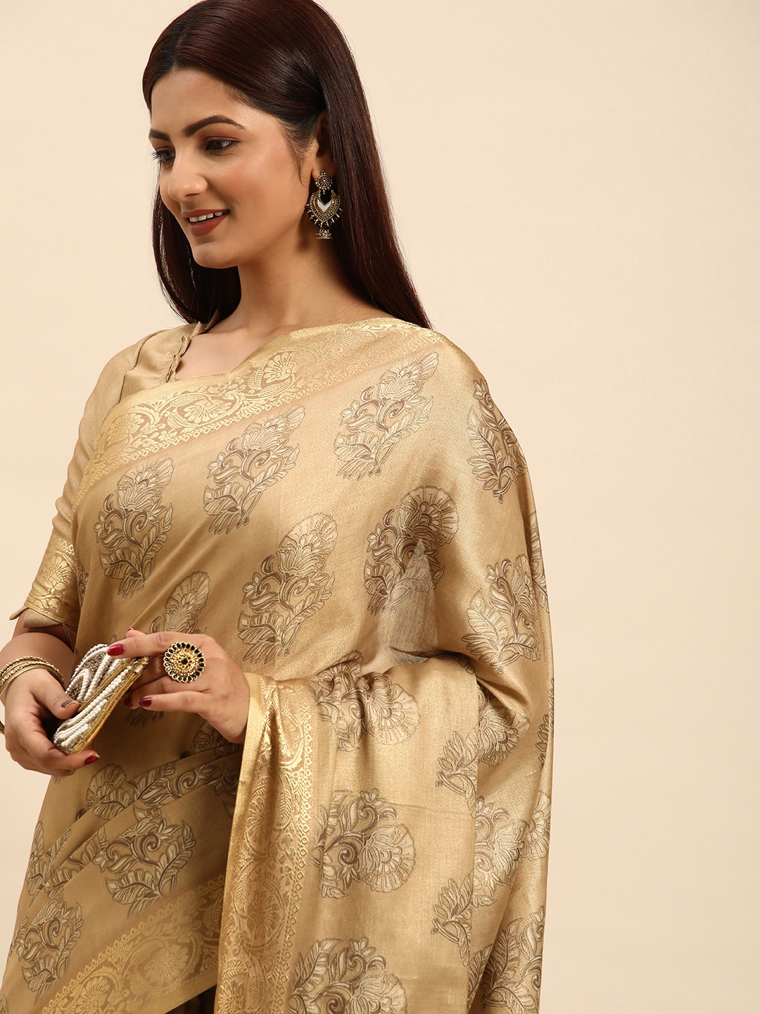 

Mitera Floral Silk Cotton Kanjeevaram Saree, Beige