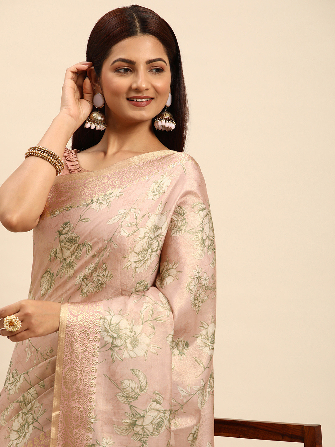 

Mitera Floral Silk Cotton Kanjeevaram Saree, Pink