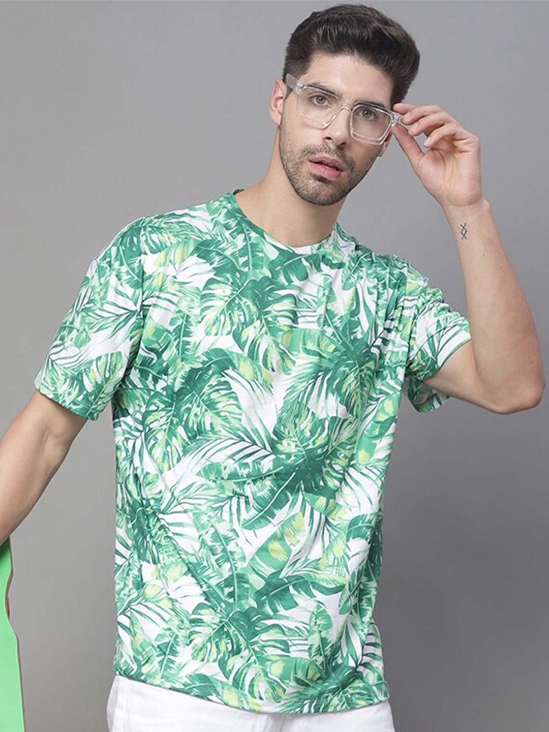 

DOOR74 Tropical Printed Drop Shoulder Sleeves Oversize T-shirt, Green