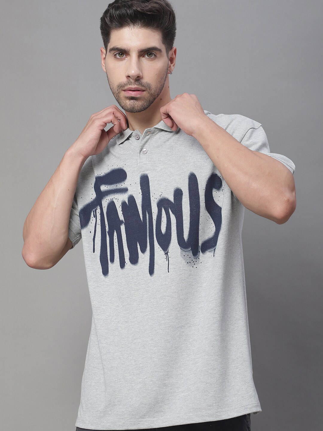 

DOOR74 Typography Printed Polo Collar Oversize Cotton T-shirt, Grey