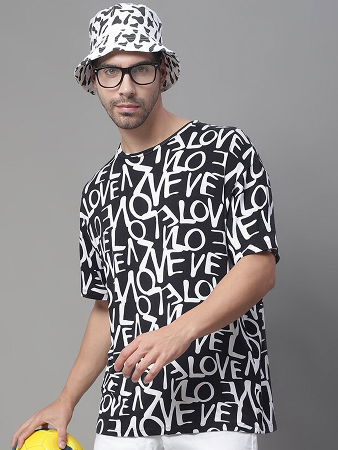 DOOR74 Typography Printed Round Neck Monochrome Oversize T-shirt, Black