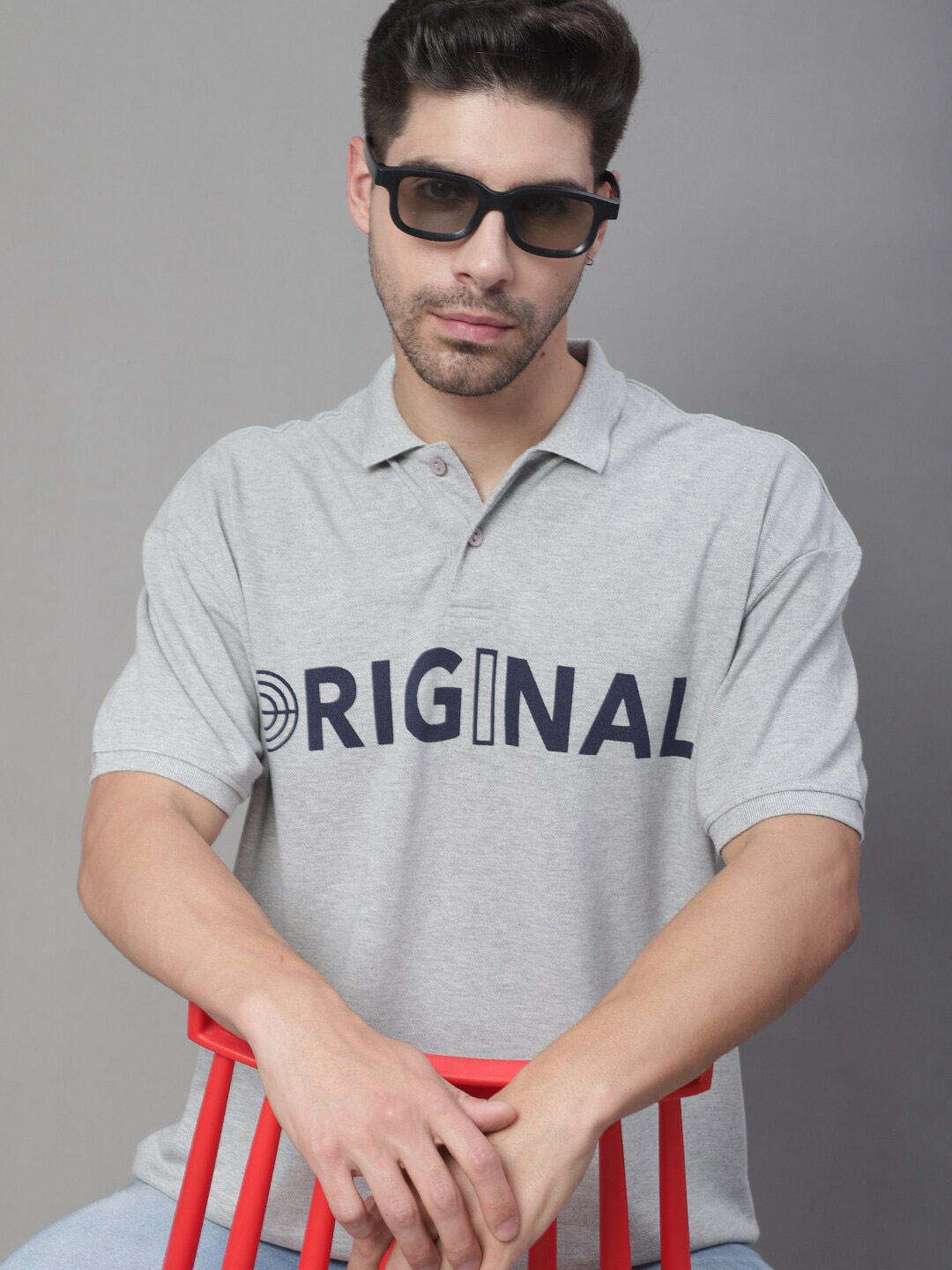 

DOOR74 Typography Printed Polo Collar Oversize Fit T-shirt, Grey melange