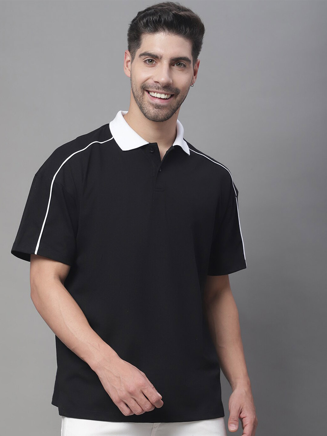 

DOOR74 Polo Collar Drop Shoulder Sleeves Oversize Cotton T-shirt, Black
