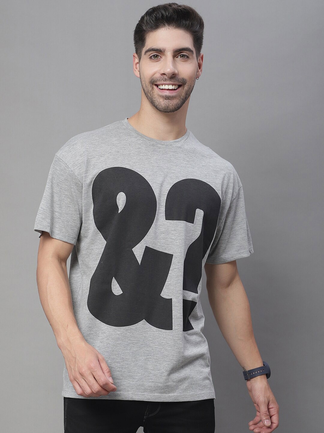 

DOOR74 Typography Printed Cotton Oversize Fit T-shirt, Grey melange