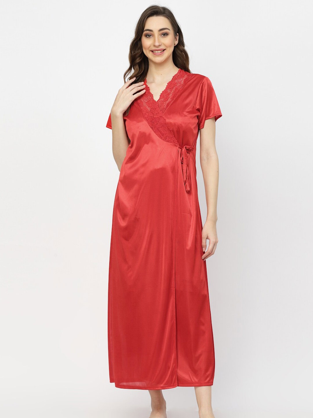 

Arrabi 3 Pieces Lace Up Detail Satin Nightdress With Robe, Red