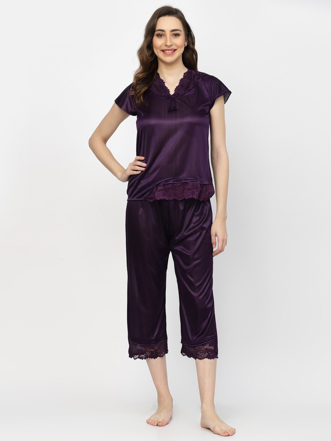 

Arrabi 3 Piece Satin Night Suit With Robe, Violet