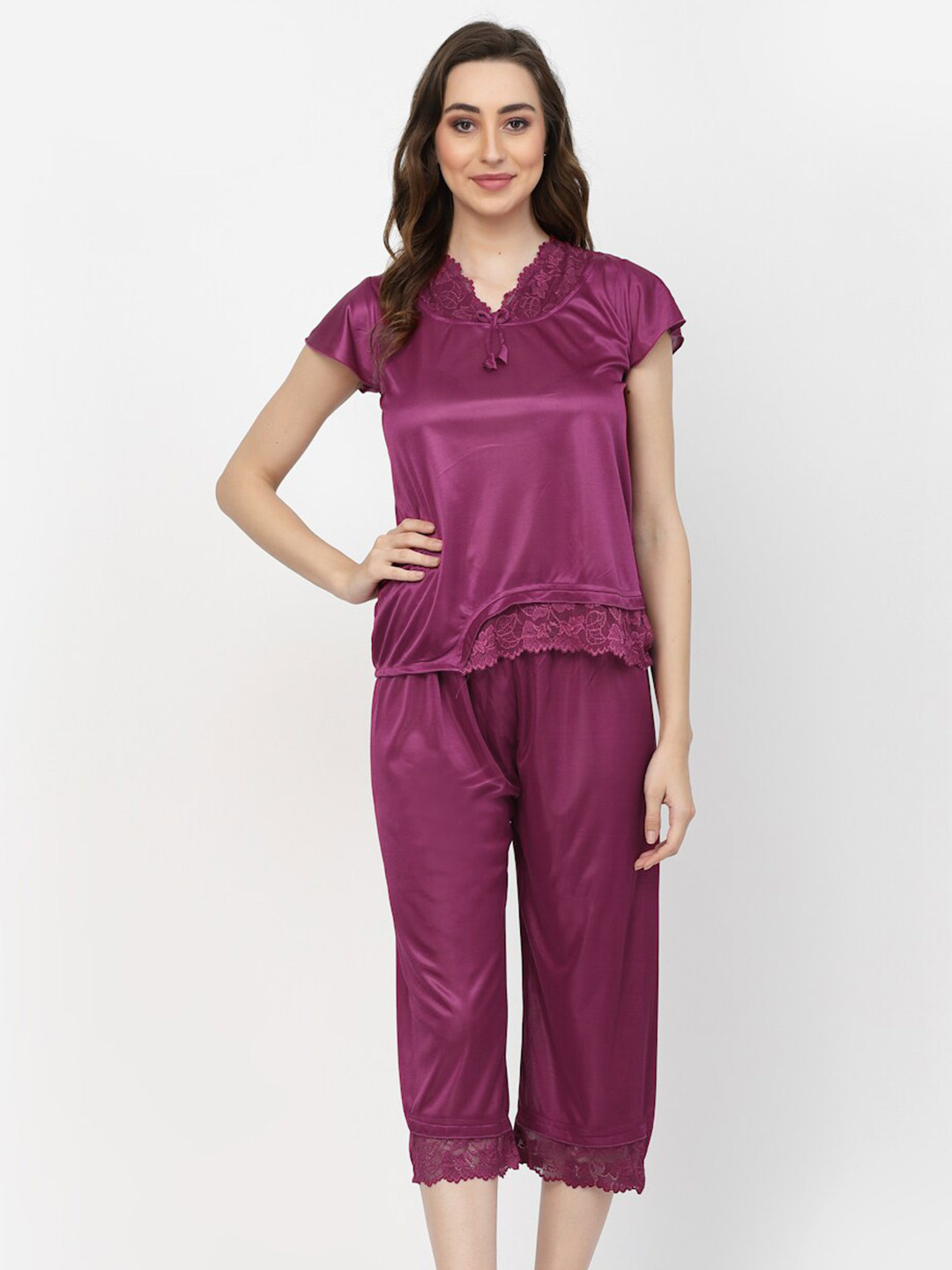 

Arrabi Three Pieces Satin Night Suit With Robe, Pink