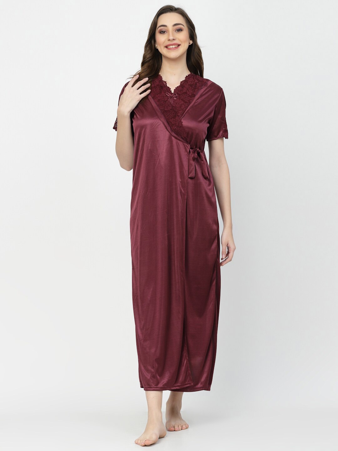 

Arrabi Three Pieces Satin Night Suits With Robe, Rust