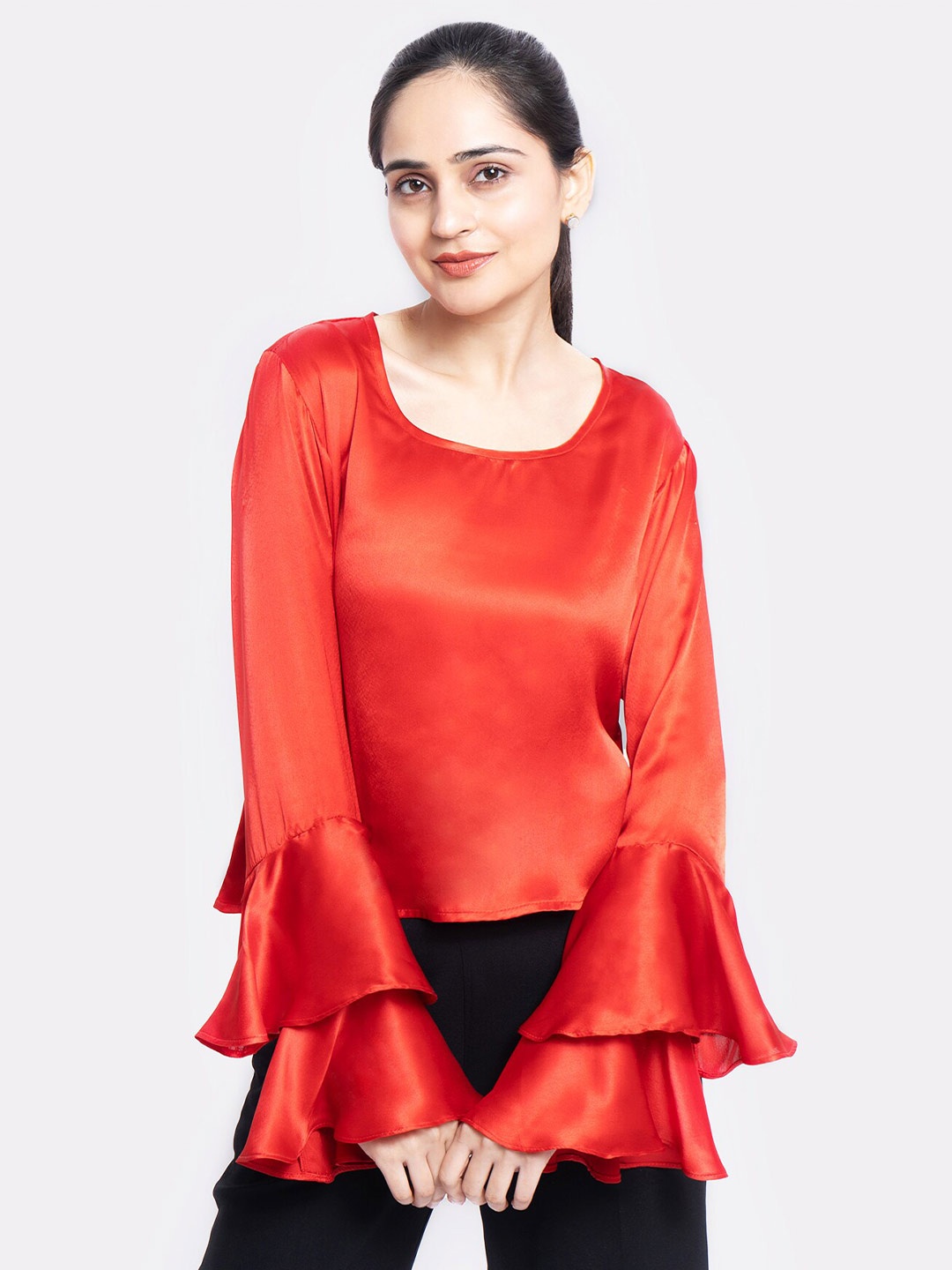 

MARZENI Square Neck Bell Sleeve Satin Top, Orange