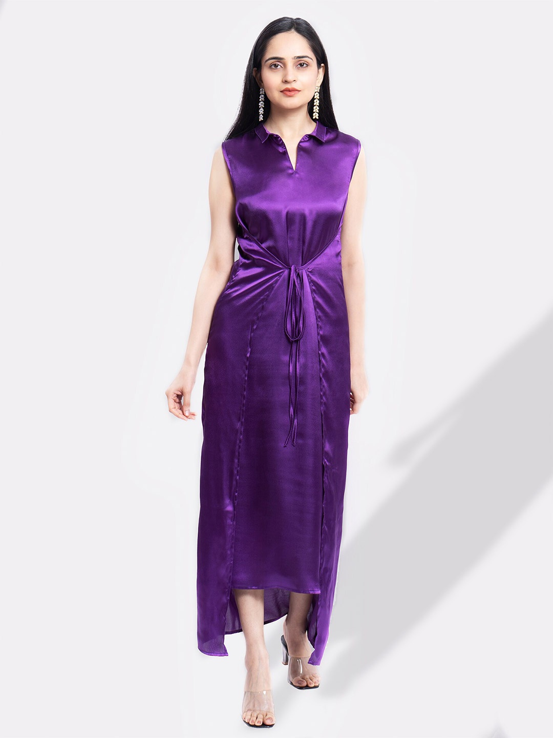 

MARZENI Shirt Collar Waist Tie-Up Satin Maxi Dress, Purple