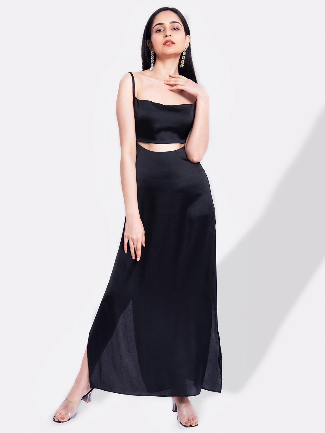

MARZENI Shoulder Strap Cut-Out Detail Satin A-Line Maxi Dress, Black