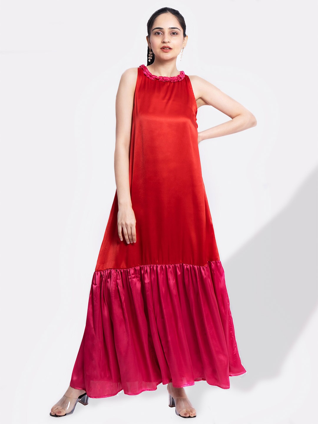 

MARZENI Sleeveless Tiered Satin A-Line Maxi Dress, Red