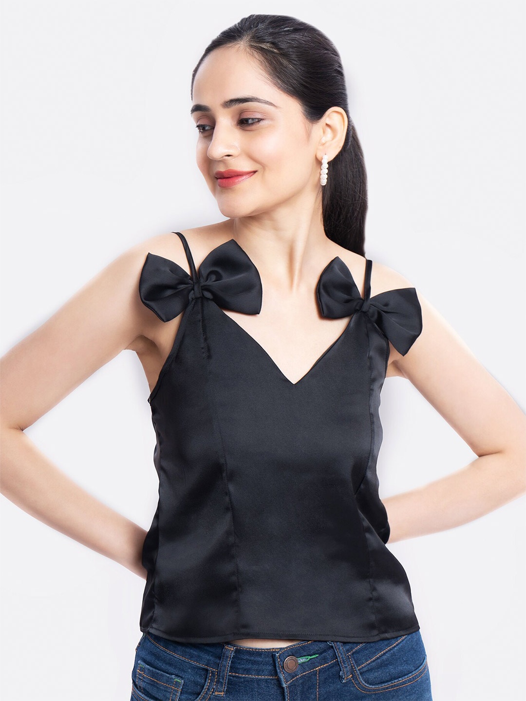 

MARZENI Bow Detailed Sleeveless Satin Top, Black
