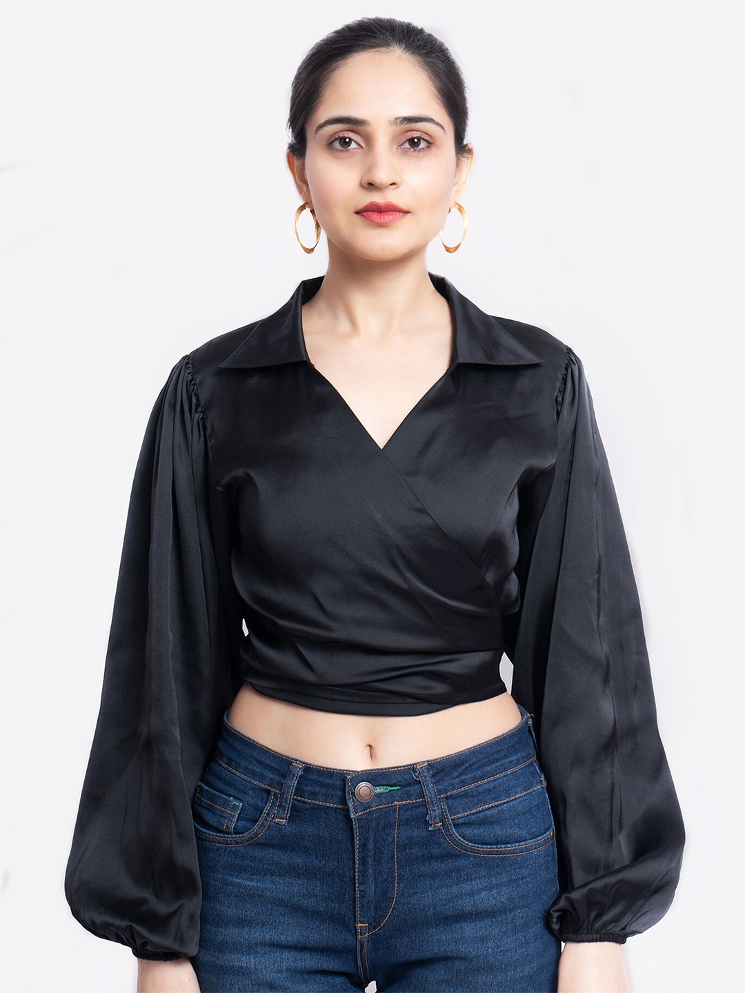 

MARZENI Bishop Sleeve Crop Satin Wrap Top, Black