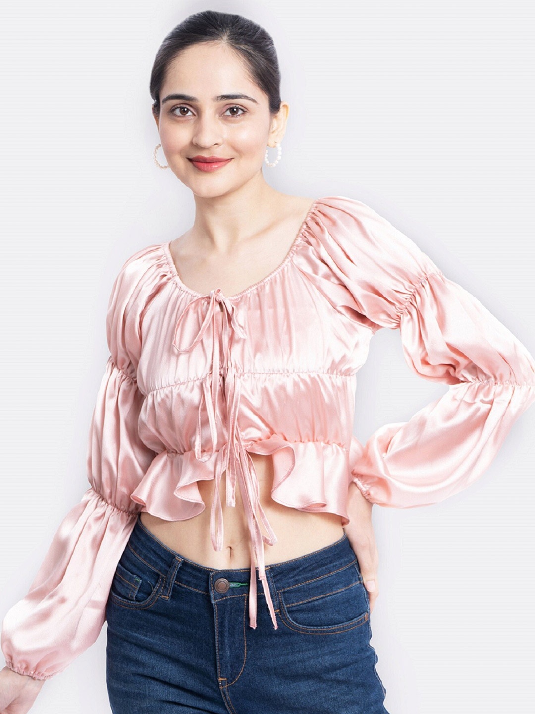 

MARZENI Tie-Up Neck Puff Sleeve Satin Crop Top, Peach