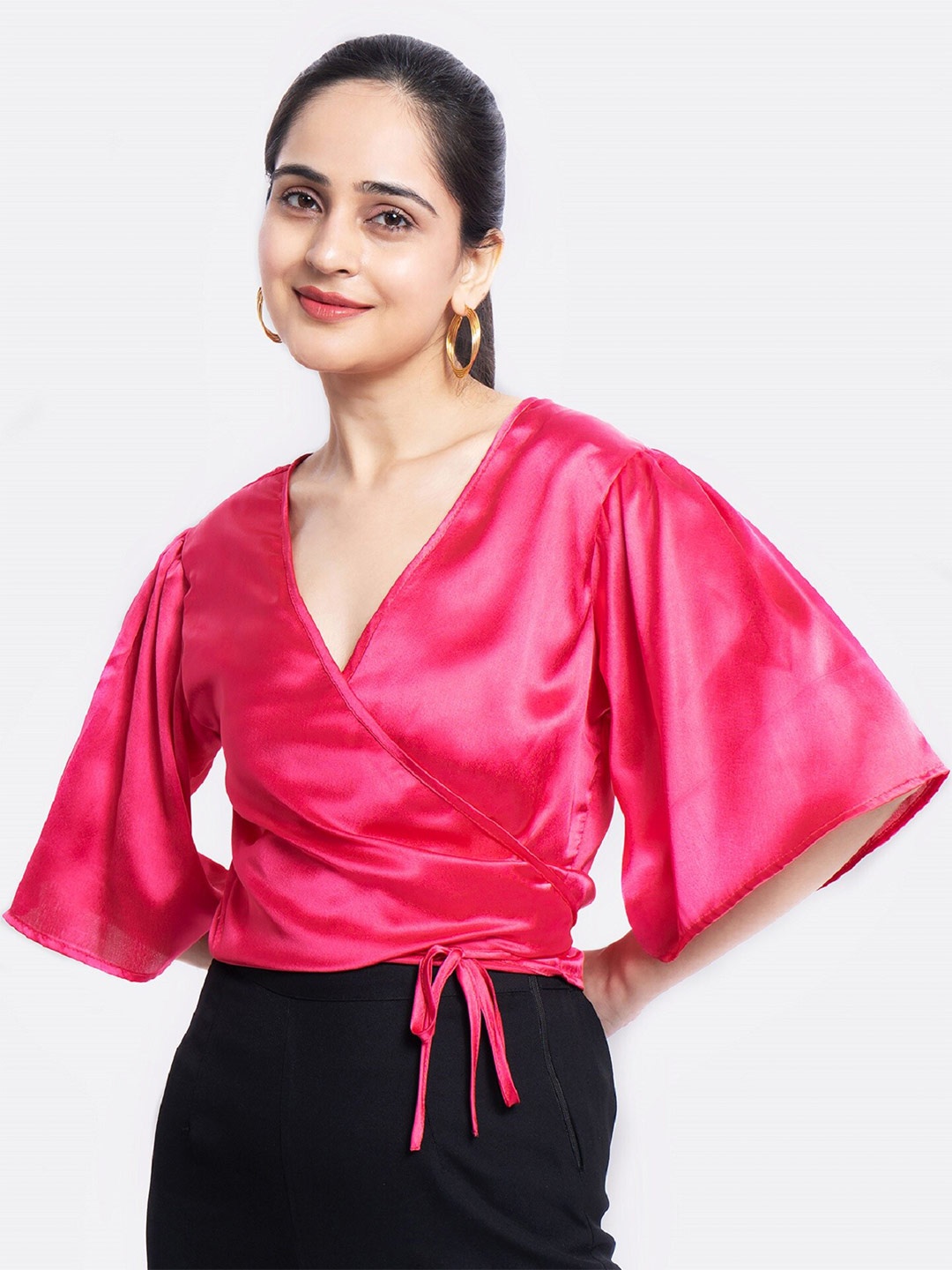 

MARZENI Flared Sleeve Crop Satin Wrap Top, Pink