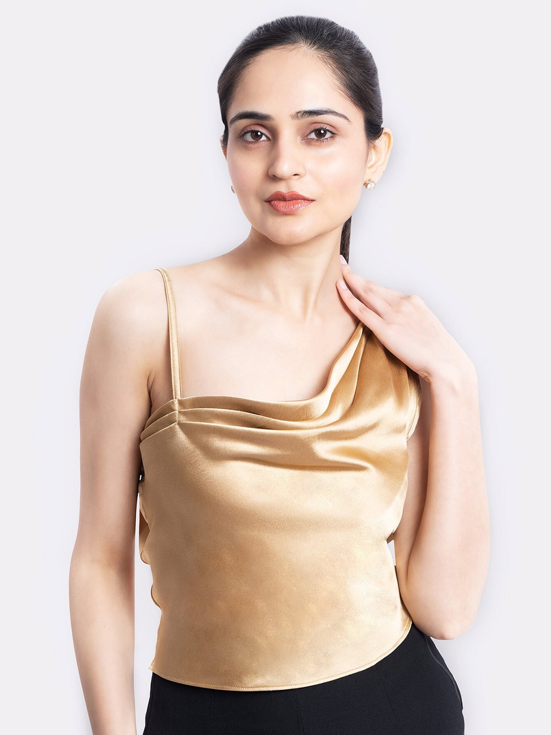 

MARZENI One Shoulder Pleated Satin Top, Gold