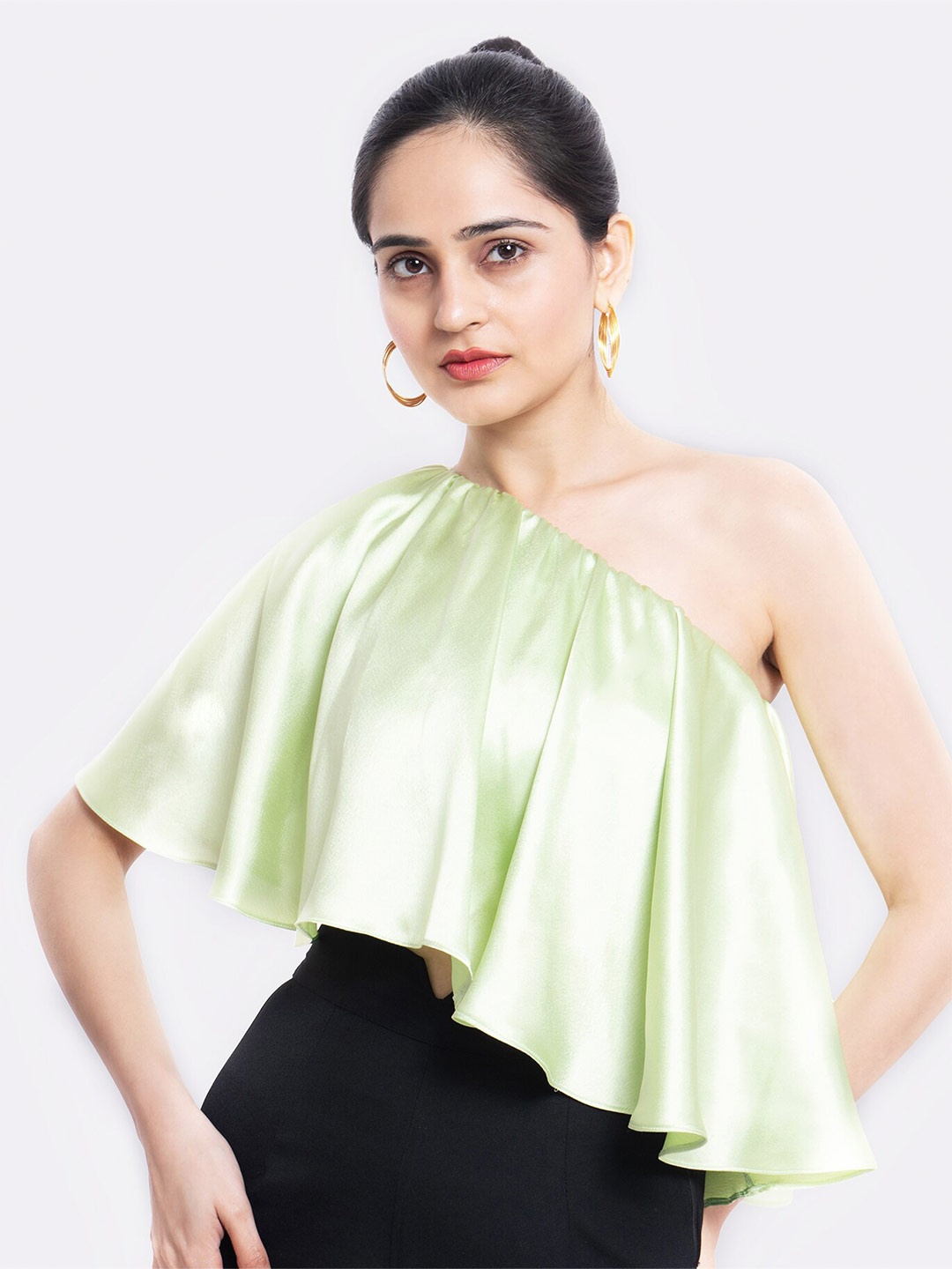 

MARZENI One Shoulder Flared Sleeve Satin Cape Top, Lime green