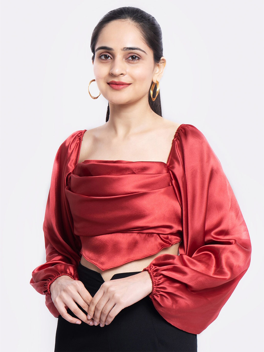 

MARZENI Square Neck Bishop Sleeve Satin Crop Top, Rust