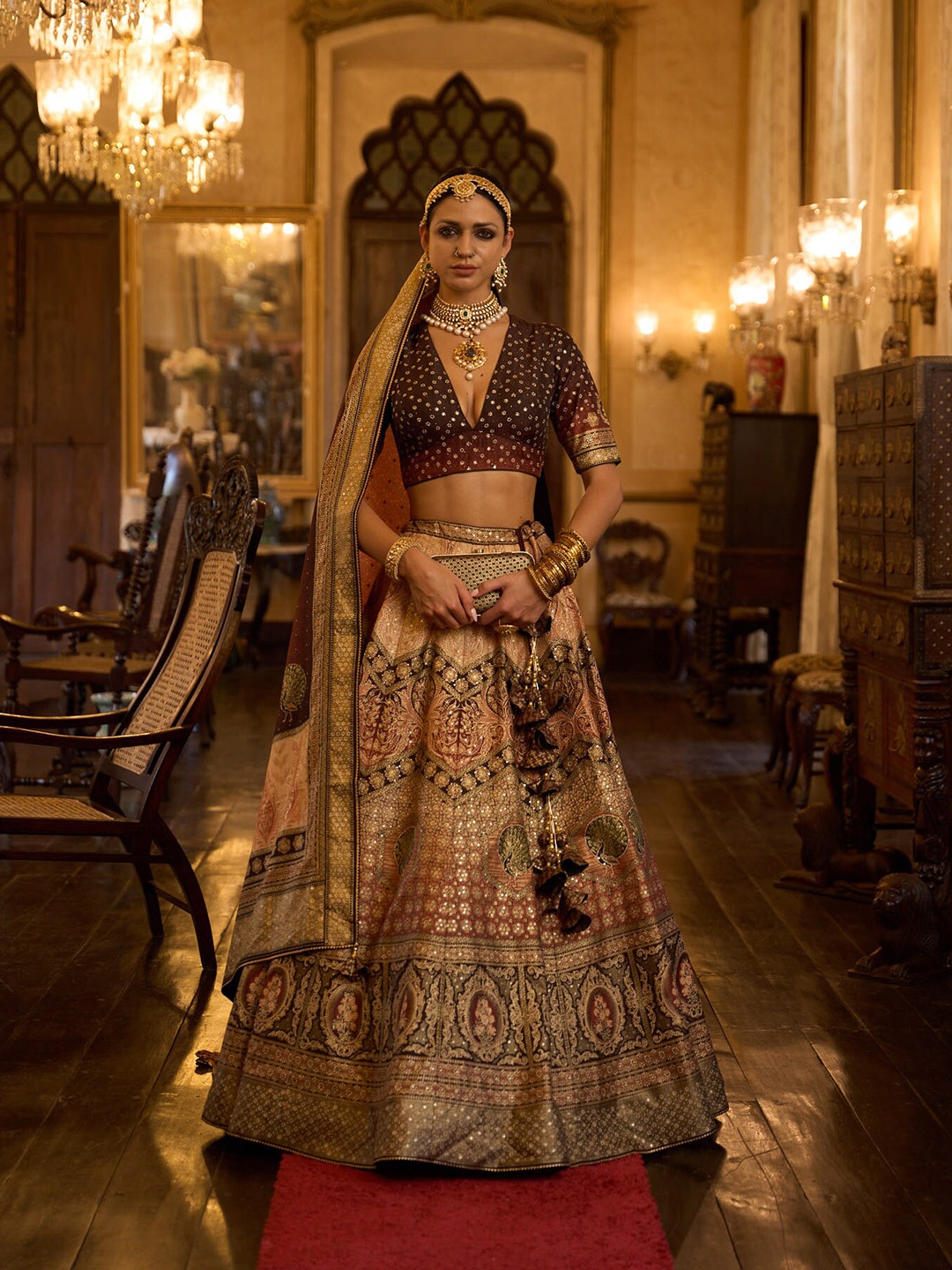 

Phenav Embellished Ready to Wear Lehenga & Blouse With Dupatta, Brown