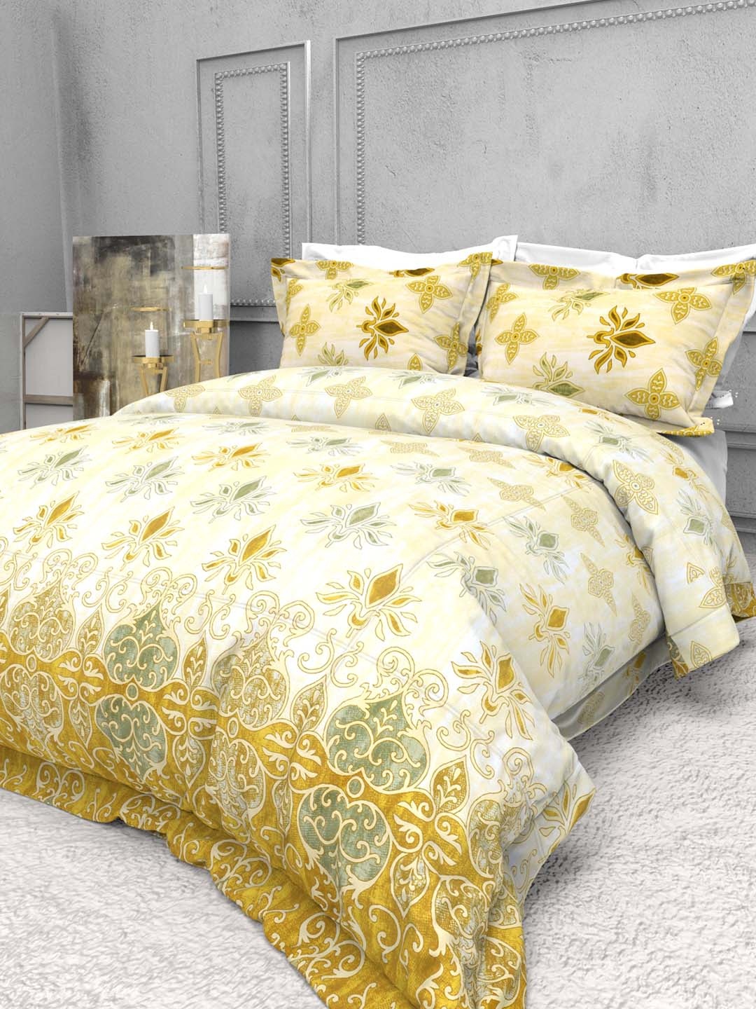 

THE WHITE MOSS Seasons Gold-Toned Printed 220 TC Cotton King Bedsheet & 2 Pillow Covers