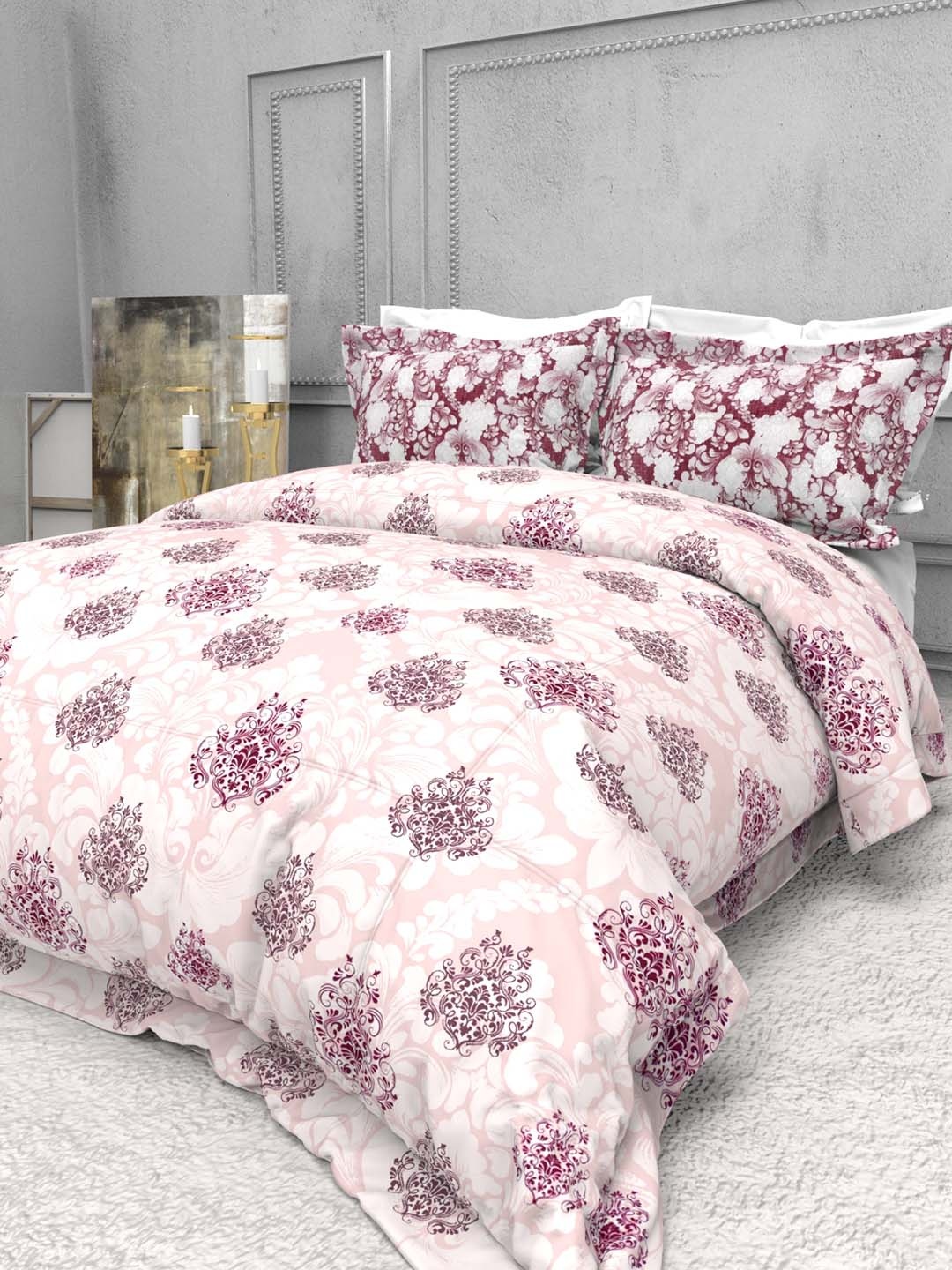 

THE WHITE MOSS Seasons Pink & Purple Printed 220 TC Cotton King Bedsheet & 2 Pillow Covers