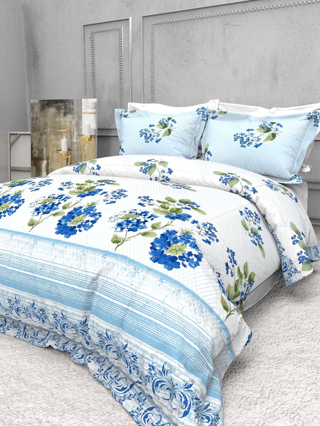 

THE WHITE MOSS Seasons White & Blue Printed 220 TC Cotton King Bedsheet & 2 Pillow Covers