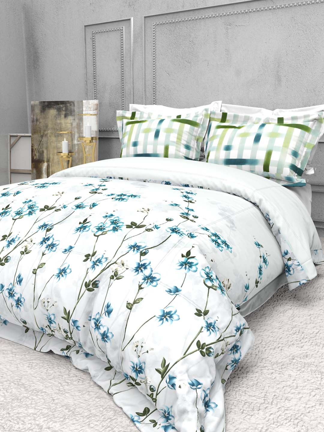 

THE WHITE MOSS Seasons White & Blue Pure Cotton 220 TC King Bedsheet with 2 Pillow Covers